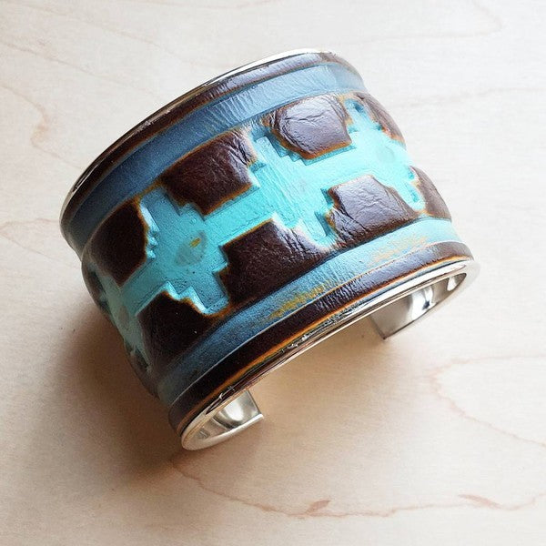 Wide Cuff Bangle Bracelet in Blue Leather