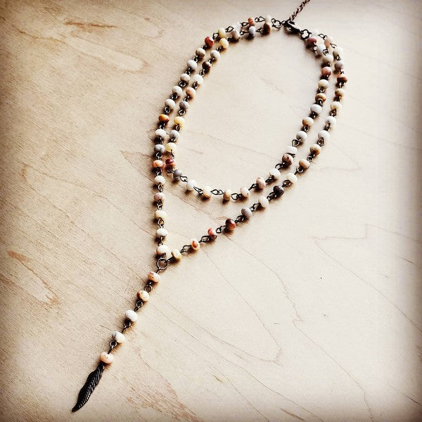 Double Lariat Natural Agate Necklace w/ Feather