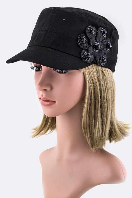 Sequins Flower Cotton Cadet Hat