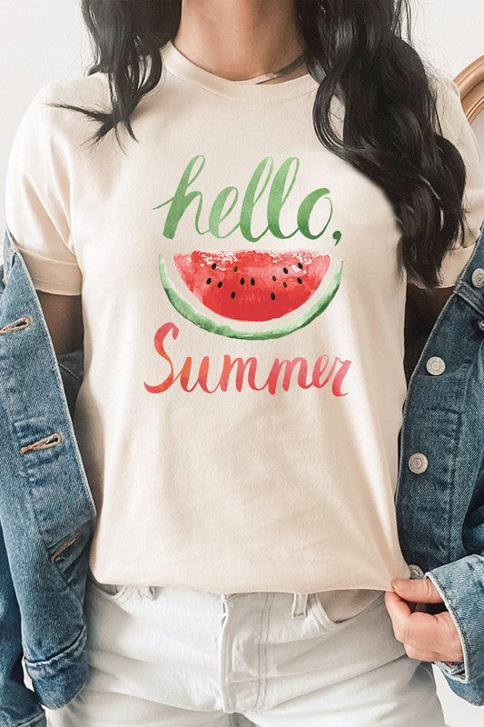 Hello Summer Watercolor Watermelon Graphic Tee T-Shirt