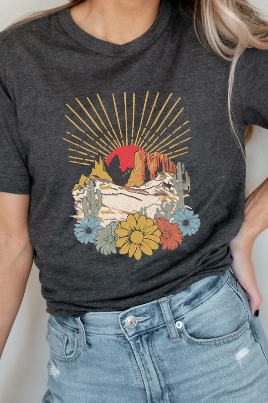 Desert Sunset Arches Floral Cacti Boho Graphic Tee T-Shirt