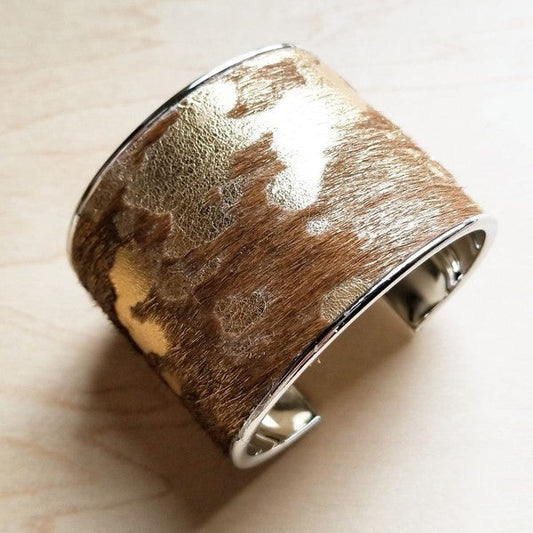 Hair-on-Hide Tan and Gold Cuff Bangle Bracelet