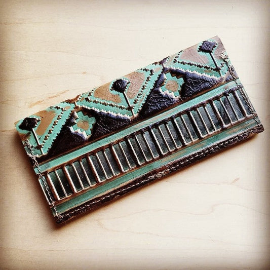 Embossed Leather Wallet-Turquoise
