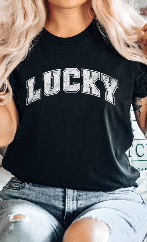 Distressed Varsity Lucky Patricks PLUS Graphic Tee T-Shirt