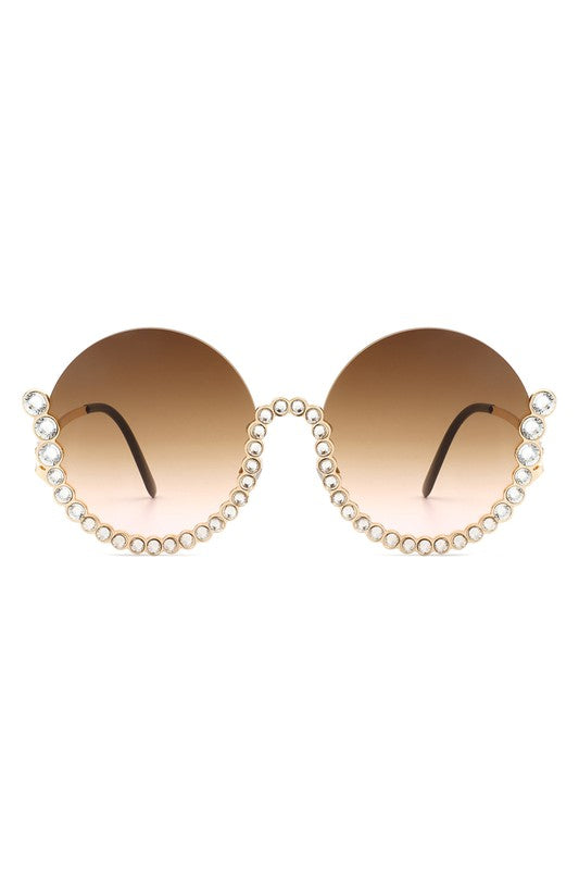 Half Frame Oversize Rhinestone Round Sunglasses