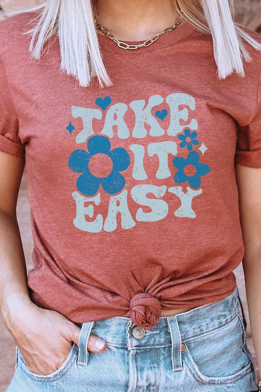 Take It Easy Floral And Hearts Spring Graphic Tee T-Shirt