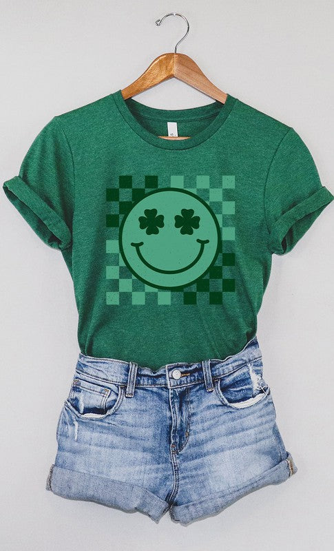 Checker Clover Smiley St Patrick PLUS Graphic Tee T-Shirt