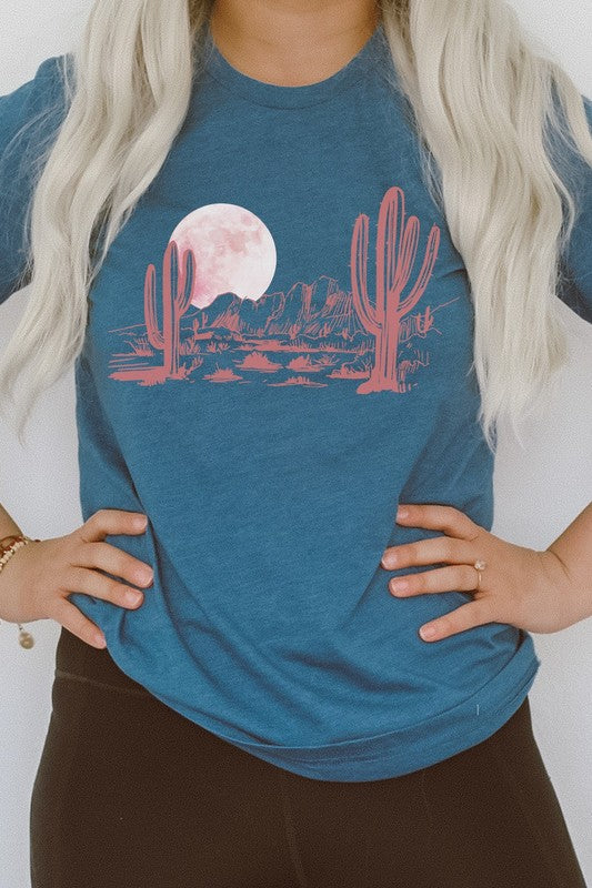 Pink Moon Night Desert Scene Cacti Graphic Tee T-Shirt