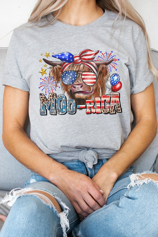 Moo-Rica Cow Fireworks Flag Patriotic Graphic Tee T-Shirt