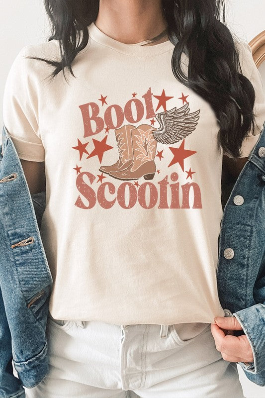 Boot Scootin Winged Cowboy Boots Stars Graphic Tee T-Shirt