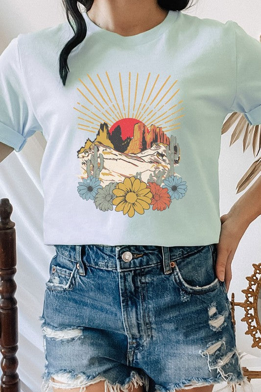 Desert Sunset Arches Floral Cacti Boho Graphic Tee T-Shirt
