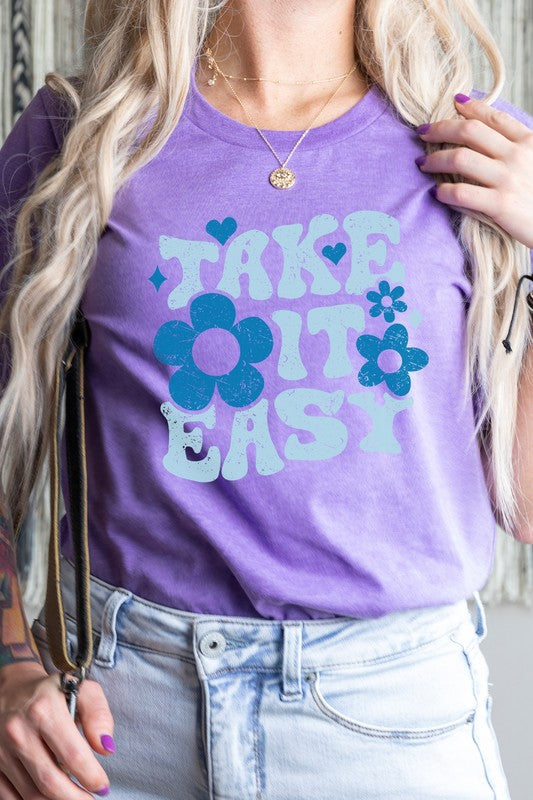 Take It Easy Floral And Hearts Spring Graphic Tee T-Shirt
