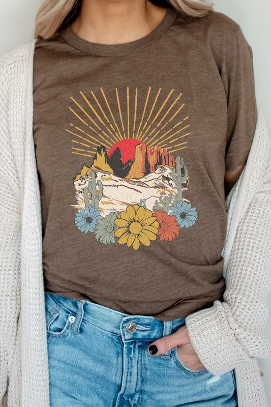 Desert Sunset Arches Floral Cacti Boho Graphic Tee T-Shirt