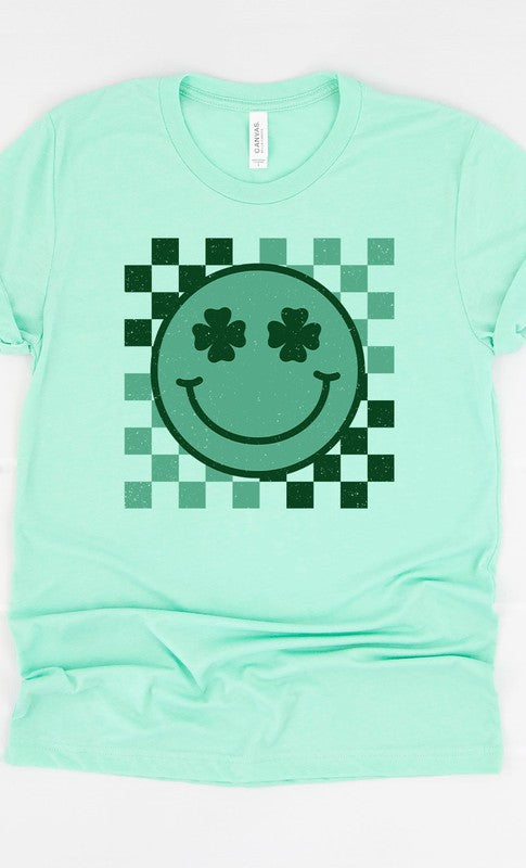 Checker Clover Smiley St Patrick PLUS Graphic Tee T-Shirt