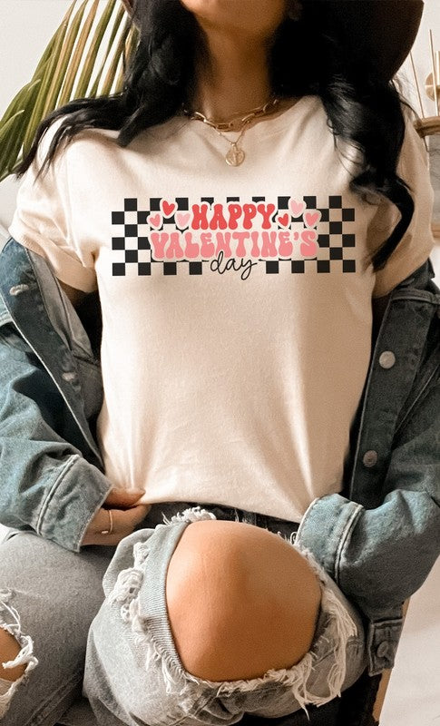 Happy Valentines Day Checkered Graphic Tee T-Shirt