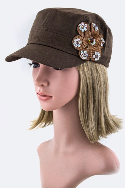 Sequins Flower Cotton Cadet Hat