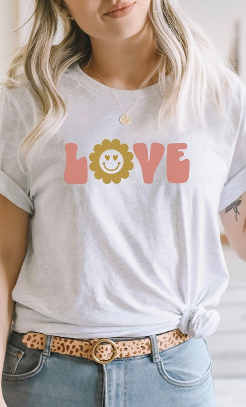 Love Sparkley Heart Eyes Flower Graphic Tee T-Shirt