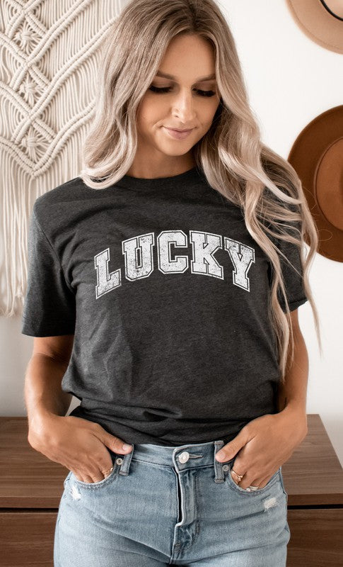 Distressed Varsity Lucky St Patricks Graphic Tee T-Shirt