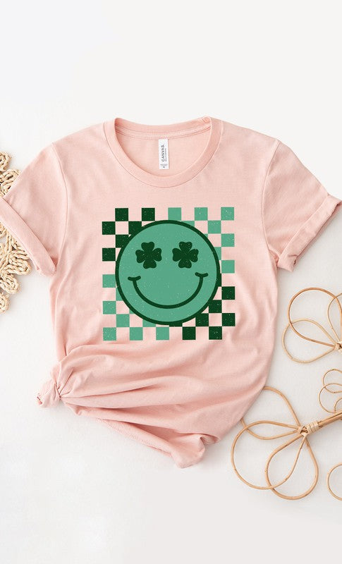 Checker Clover Smiley St Patrick PLUS Graphic Tee T-Shirt