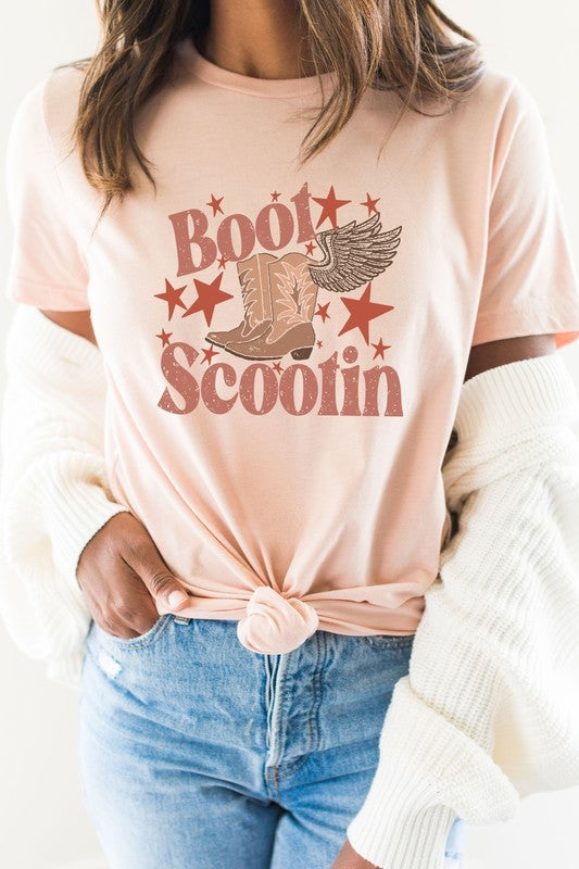 Boot Scootin Winged Cowboy Boots Stars Graphic Tee T-Shirt