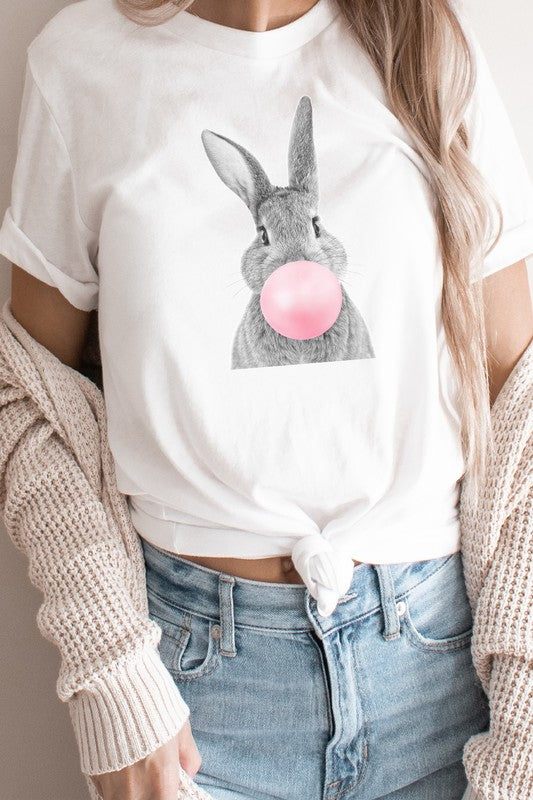 Cute Bunny Blowing Bubblegum Easter Graphic Tee T-Shirt
