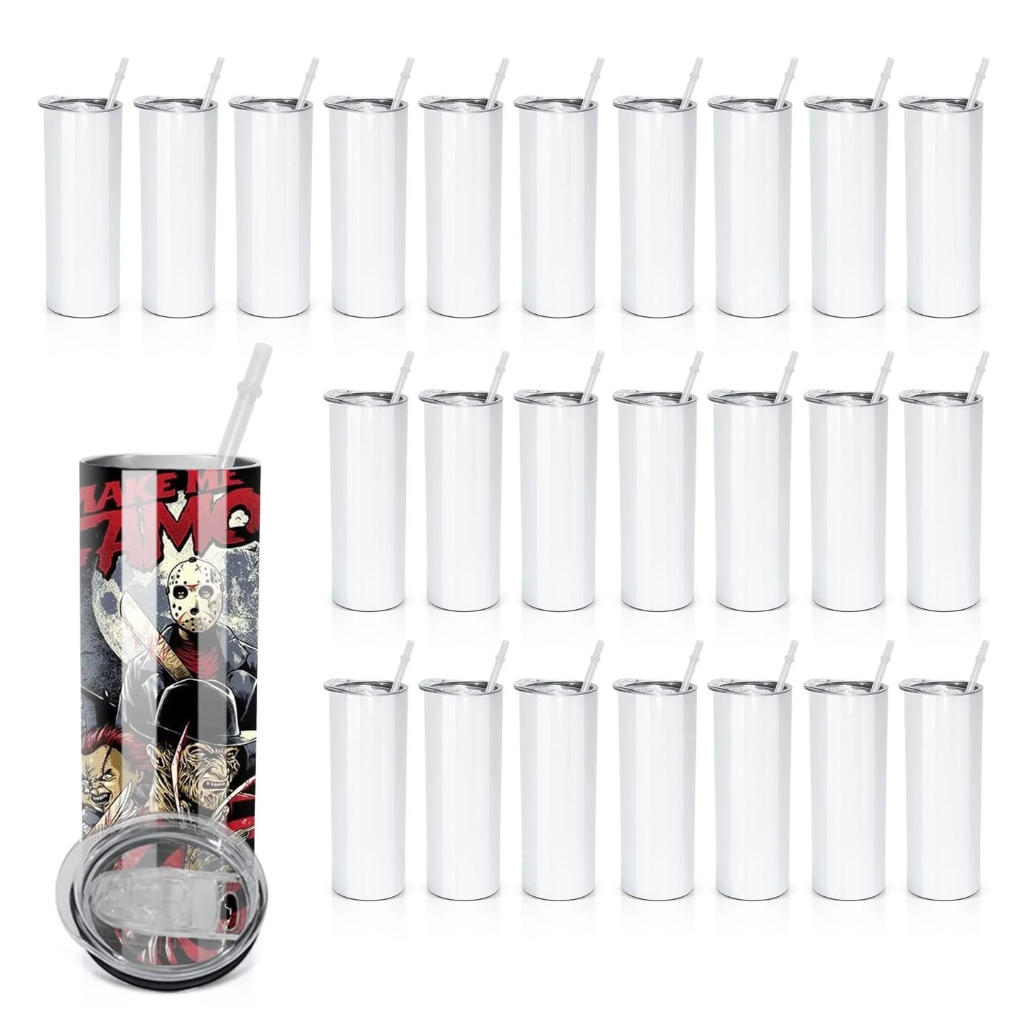 Sublimation 25 Pack 20oz Blank Gloss or Matte White Straight Stainless Tumblers Tumbler Coffee Cup w/straw, & box